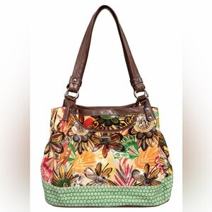 Plum Boho Floral Shoulder Bag • Multicolor Print • Faux Leather Trim